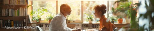 Wide-angle shot of a speech therapist guiding an adult in fluency drills