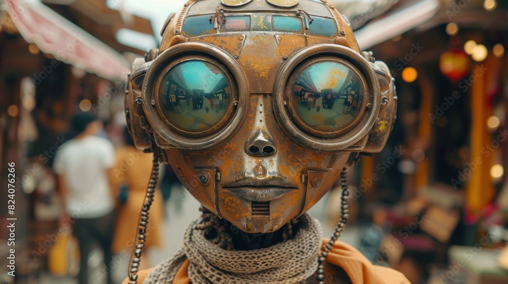 A robot wearing a crochet top and high-waisted shorts with a bohemian scarf tied around its head A robot wearing a crochet top and high-waisted shorts with a bohemian scarf tied around its head