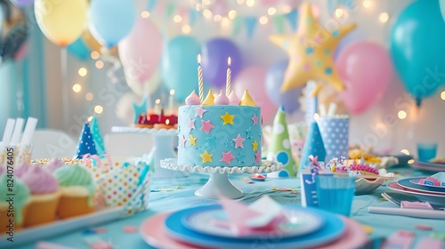 A birthday table set with themed decorations  plates  and a cake in the center