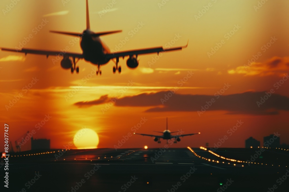 Realistic photo of an airplane landing at sunset, with the silhouette of another plane in flight and partially blurred skyline background. Realistic photo of an airplane landing at sunset, with the silhouette of another plane in flight and partially blurred skyline background.