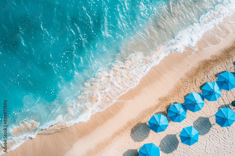Top view of sunny beach with blue umbrellas and clear turquoise water, high resolution photography, insanely detailed with fine details Top view of sunny beach with blue umbrellas and clear turquoise water, high resolution photography, insanely detailed with fine details