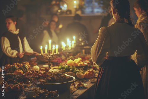 A historical feast scene, with people in period costumes gathered around a candlelit table filled with traditional dishes