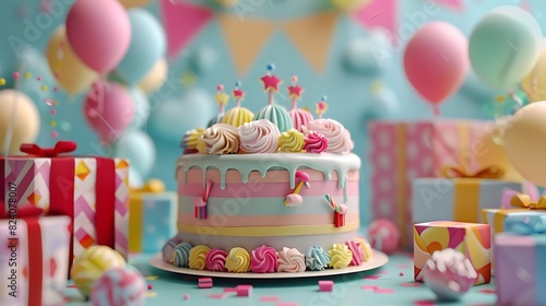 A delightful birthday cake with whimsical decorations and a pile of beautifully wrapped presents
