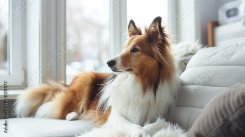 A red-haired white sheltie dog lies on a sofa in a bright room at home