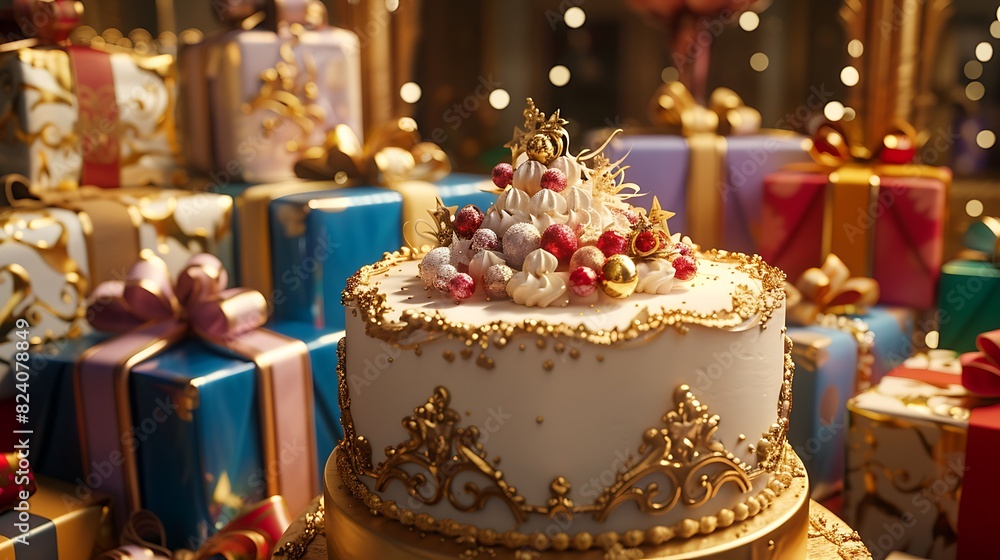 A lavishly decorated birthday cake with gold accents, set amongst an array of colorful gifts