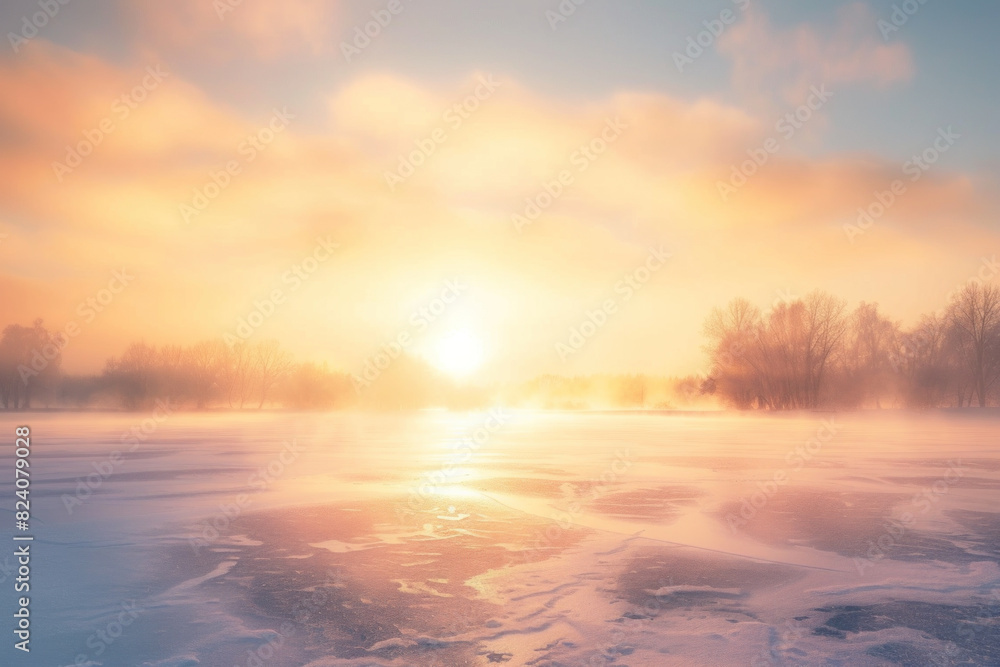 Surreal winter sunrise over a frozen landscape, casting a soft golden glow across the icy expanse