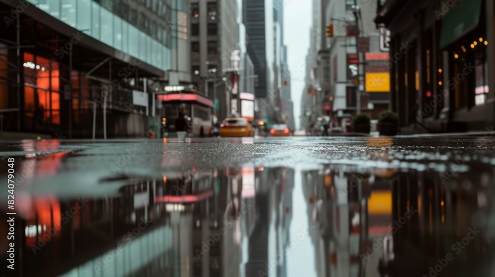 A moody urban landscape with a shallow focus on rainwater reflections on a city street, capturing taxis and buildings.