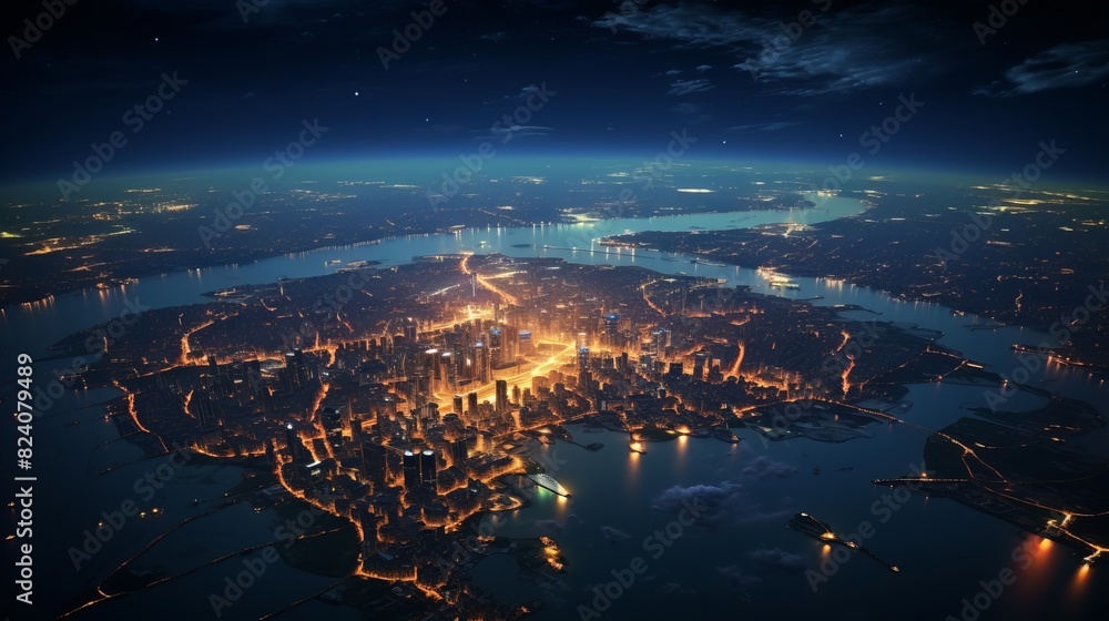 A city at night with a river running through it A city at night with a river running through it