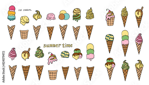 Ice cream constructor in doodle style. Big colorful set of ice cream in a waffle cone, waffle cup, scoops ice cream. Great for summer dessert menu design. Hand drawn