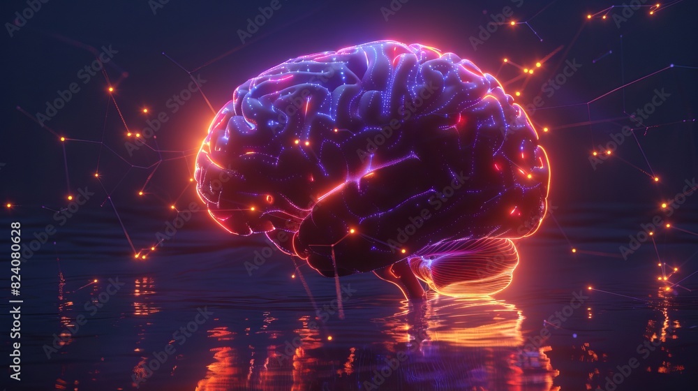 Digital art of neon glowing brain with neural connections on a dark background. Illuminated brain with bright neural pathways. Concept of neuroscience, brain activity, intelligence, cognitive science Digital art of neon glowing brain with neural connections on a dark background. Illuminated brain with bright neural pathways. Concept of neuroscience, brain activity, intelligence, cognitive science