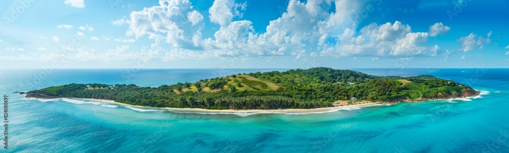 Panoramic aerial view of tropical island with lush green vegetation and turquoise waters. Ideal for travel, nature, and landscape concepts. Wide banner. Copy space