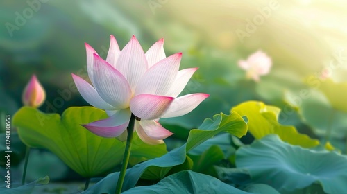 Beautiful lotus flower in a serene pond setting. Ideal for nature themes  spa promotions  and peaceful environment concepts. Copy space