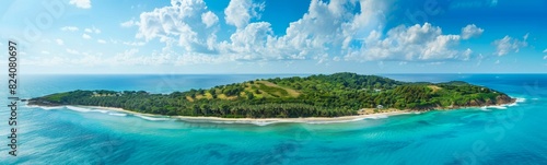 Panoramic aerial view of tropical island with lush green vegetation and turquoise waters. Ideal for travel, nature, and landscape concepts. Wide banner. Copy space © Jafree