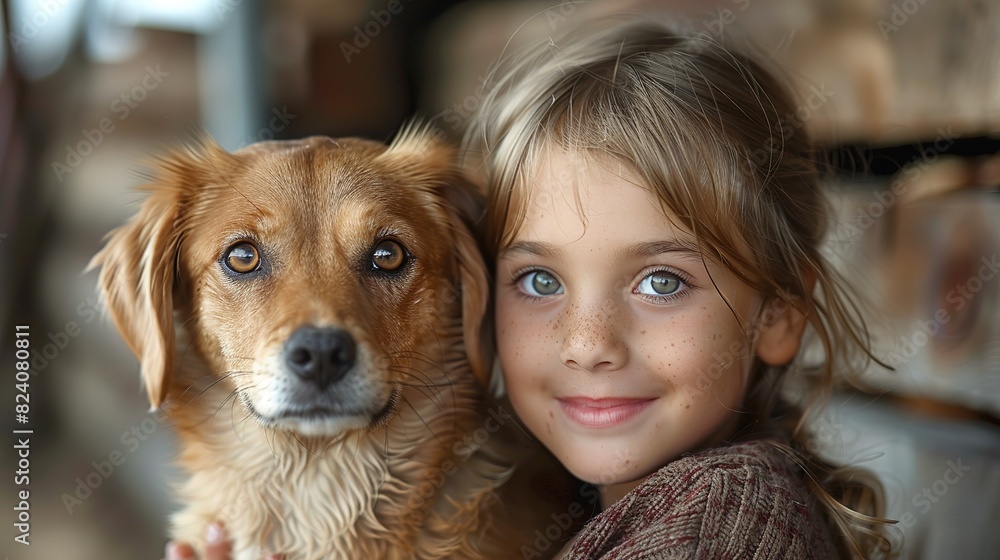 Girl hugs cute puppy, pressing her cheek against it, adopted from shelter, close-up. Girl hugs cute puppy, pressing her cheek against it, adopted from shelter, close-up.