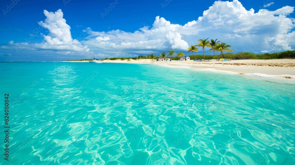 Fototapeta premium Tropical beach with palm trees and clear turquoise water. Ideal for vacation themes, travel promotions, and serene landscape designs