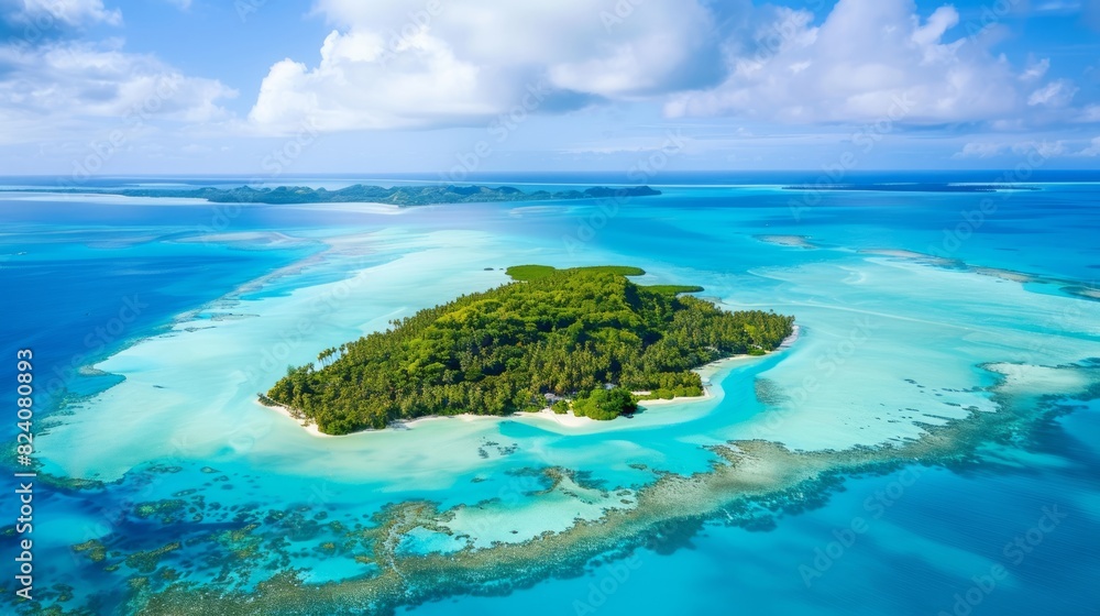 Aerial view of a tropical island surrounded by turquoise waters. Lush green landscape and clear blue sea. Concept of tropical paradise, island escape, nature, scenic beauty Aerial view of a tropical island surrounded by turquoise waters. Lush green landscape and clear blue sea. Concept of tropical paradise, island escape, nature, scenic beauty