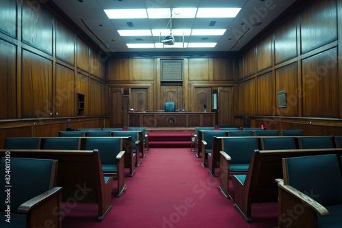 View of an unoccupied courtroom  showcasing rows of seats and judge s bench under ambient lighting