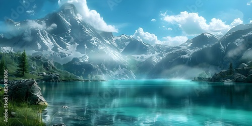 Detailed animated world with majestic mountains tranquil lakes and peaceinducing landscapes. Concept Fantasy setting, Animated landscapes, Majestic mountains, Tranquil lakes, Peaceful atmosphere