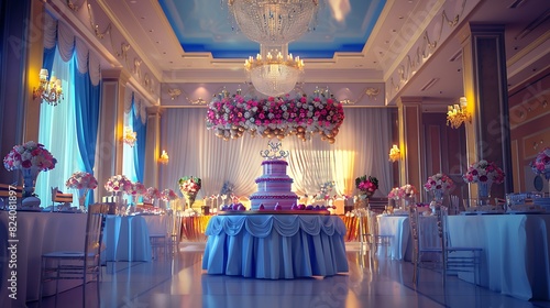 An elegantly decorated room with a birthday cake centerpiece and matching party favors