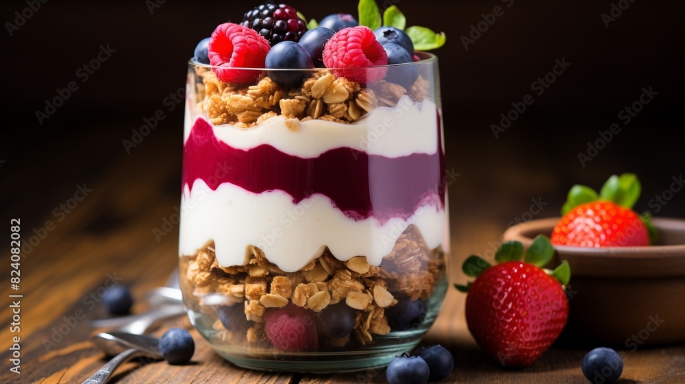 A glass of fruit parfait with blueberries and strawberries A glass of fruit parfait with blueberries and strawberries
