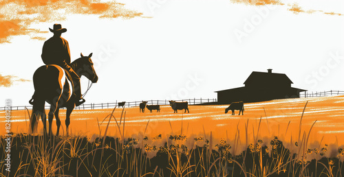 silhouette of cowboy on horse in pasture with cows at sunset