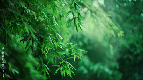 Bamboo leaves in a forest setting. Suitable for naturethemed designs, wildlife conservation campaigns, and educational materials on tropical habitats. photo