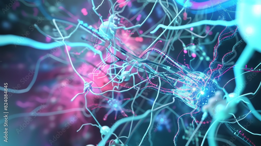 A vibrant 3D render of synaptic transmission with neurons sending signals through brain synapses, showcasing the complexity of the nervous system. A vibrant 3D render of synaptic transmission with neurons sending signals through brain synapses, showcasing the complexity of the nervous system.