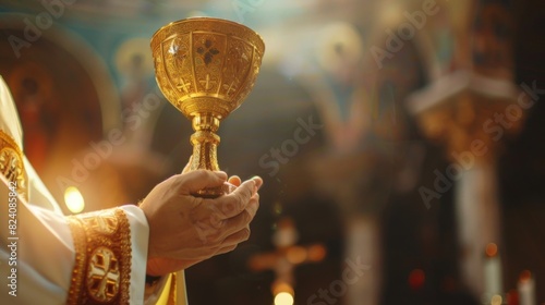 Eucharist corpus christy, hands holding golden chalice