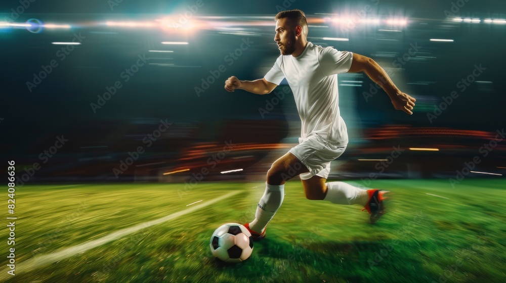 soccer player running with sweep effect on a field with the ball in high resolution