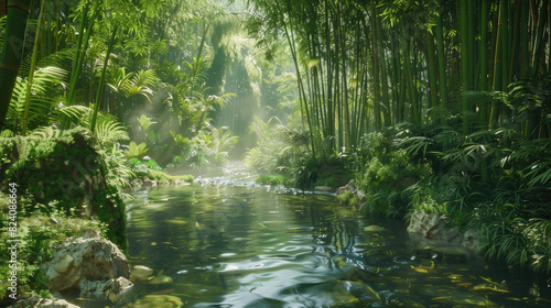 Arafed view of stream in lush bamboo forest suitable for naturethemed designs  environmental concepts  relaxation content  and travel brochures.
