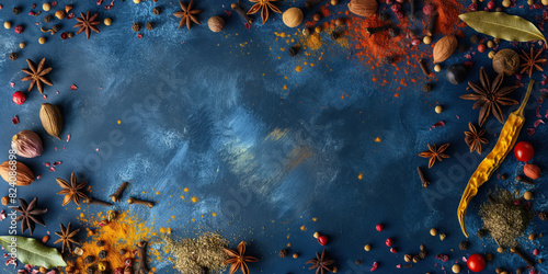 colorful assortment of spices scattered on blue background © bee