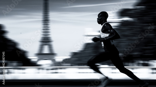 dynamic photo of sprinter running past eiffel tower in paris, olympics games athletes