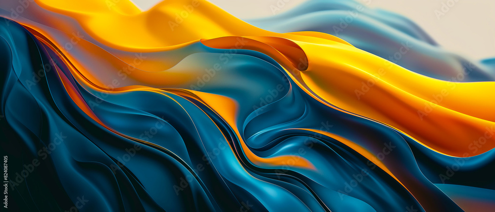 Ocean's Embrace, Intense Waves of Blue and Gold in a Striking Abstract Design