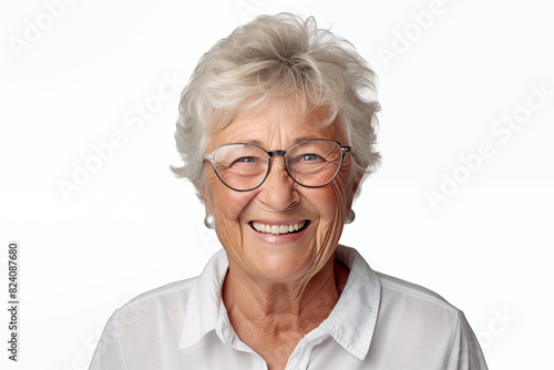 Smiling senior white woman on white background. Topics related to old age. Retirement home. Retirement. Image for Graphic Designer. Senior residence. AI.
