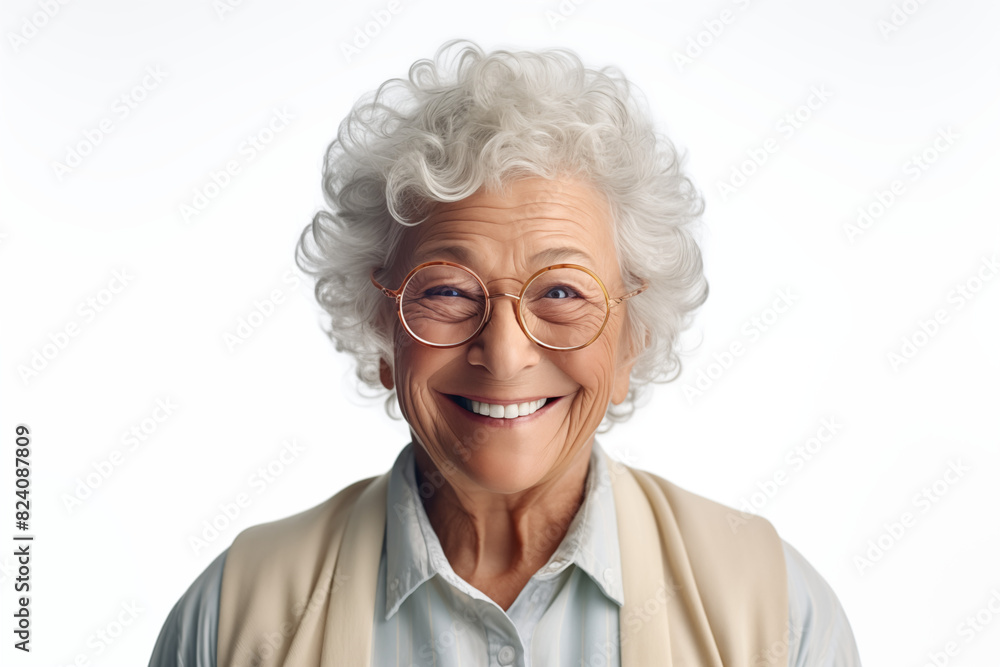Smiling senior white woman on white background. Topics related to old age. Retirement home. Retirement. Image for Graphic Designer. Senior residence. AI. Smiling senior white woman on white background. Topics related to old age. Retirement home. Retirement. Image for Graphic Designer. Senior residence. AI.