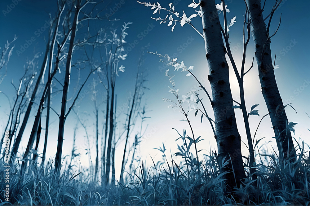 Obraz premium Sunrise Over Desolate Barren Winter Forest Background