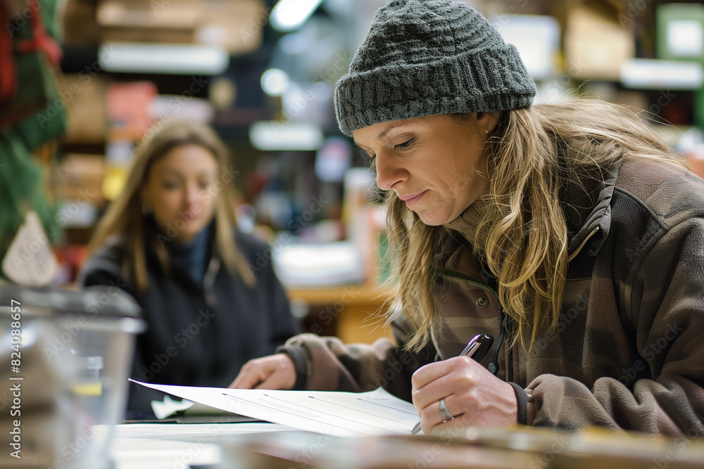 Woman Sitting at Table Writing on Paper Woman Sitting at Table Writing on Paper