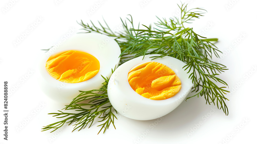 Close-Up of Halved Hard-Boiled Eggs with Dill on White Background Close-Up of Halved Hard-Boiled Eggs with Dill on White Background