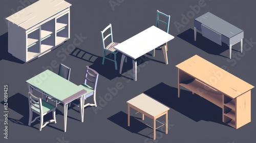 Depiction of halogram furniture elements such as tables  chairs and cabinets --no text  titles  shoes --ar 16 9 --quality 0.5 --stylize 0 Job ID  d4202366-b09c-4ea1-9899-fe32ba97ca73