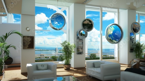 A picture of a living room with halogram windows that allow residents to enjoy views of various places around the world, creating a feeling of open space and freedom. --no text, titles, shoes --ar 16 photo