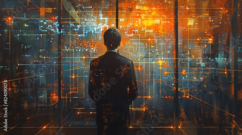 An oil painting of a data scientist in a modern office