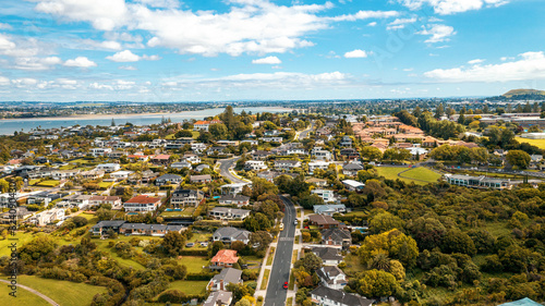 Fototapeta Naklejka Na Ścianę i Meble -  Aerial View from the Beach, Green Trees, City Streets and Waves - Tahuna Torea, Bucklands Beach View in New Zealand - Auckland Area	