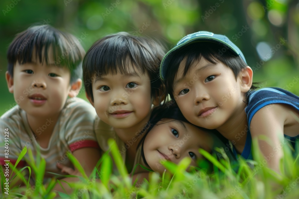 Portrait of three asian children lying on grass in the park Portrait of three asian children lying on grass in the park