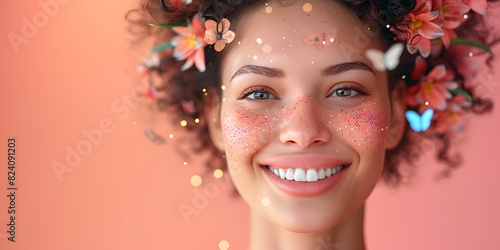 Spring portrait with flowers of Beautiful young woman female smiling showing perfect white teeth. Dental stomatology whitening and treatment advertisement concept