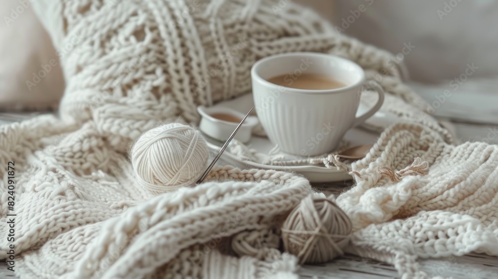 Knitting with needles White knitted cloth Americano coffee Aged light backdrop Knitting with needles White knitted cloth Americano coffee Aged light backdrop