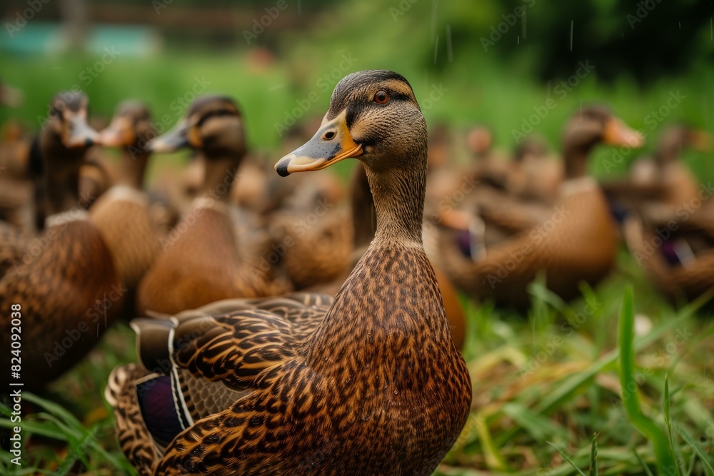 Fototapeta premium Close-up of a single mallard duck with a flock in the background during gentle rain