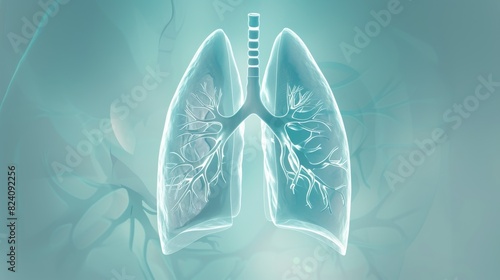 A photograph of a simple background with a halogram projection of the lungs and respiratory system, which demonstrates their functioning and the effects of various factors on the body, providing an photo