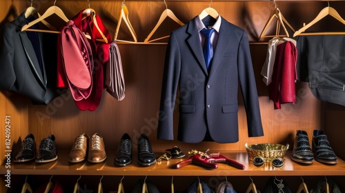 A picture of a dressing room with wooden hangers on which hang luxurious suits, coats, shiny shoes and expensive accessories, creating the image of a true connoisseur of style --no text, titles, hand photo