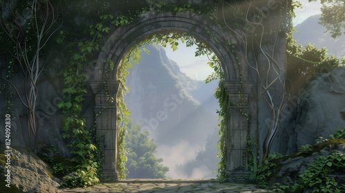 Spectacular fantasy scene with a portal archway covered in creepers. In the fantasy world  ancient magical stone gate show another dimension. Digital art 3D illustration.