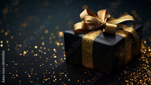 Vibrant gift box with elegant gold ribbon on dark background. Greeting gift with copy space for Christmas present, holiday or birthday